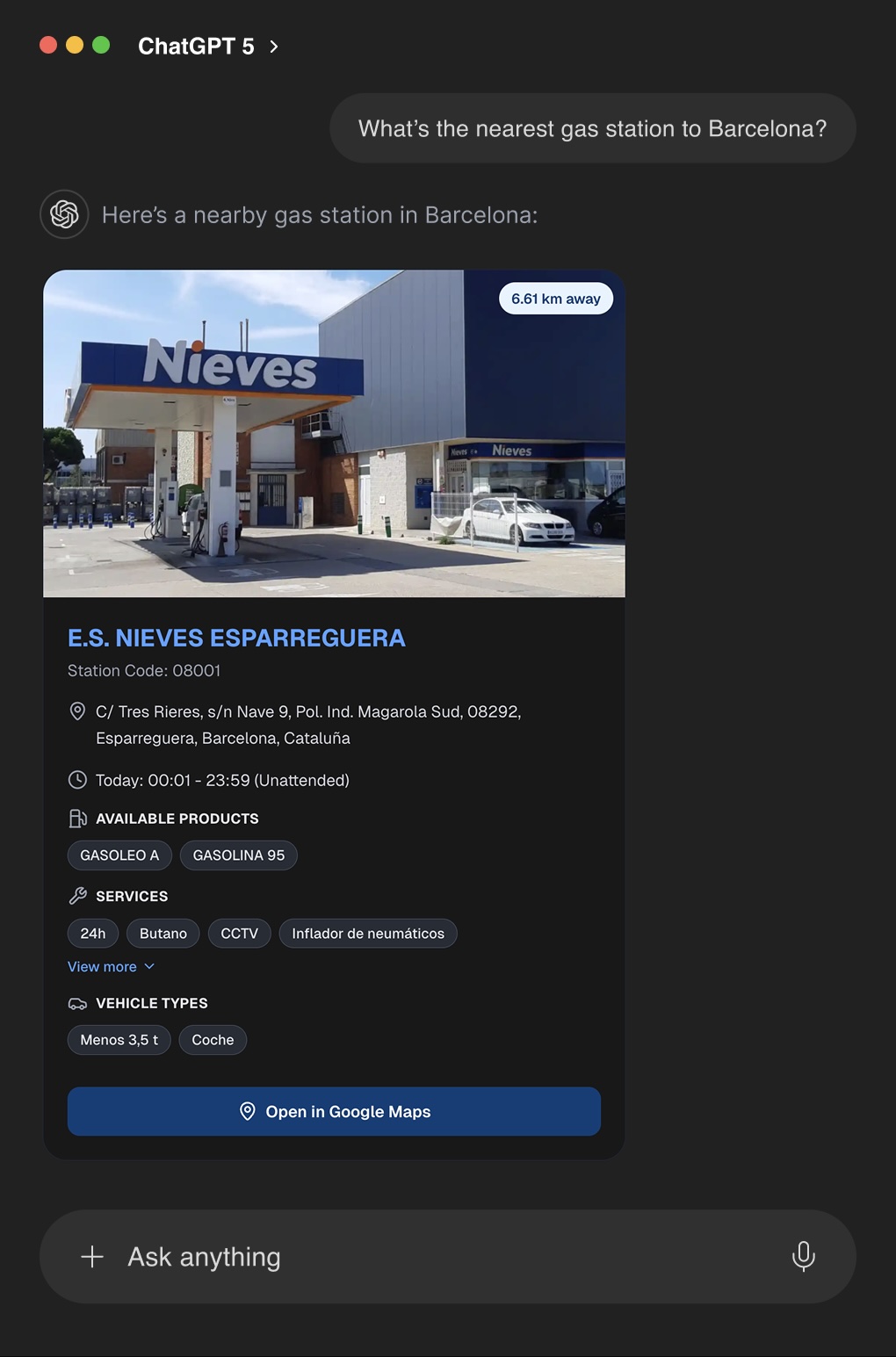 ChatGPT interface showing detailed gas station information